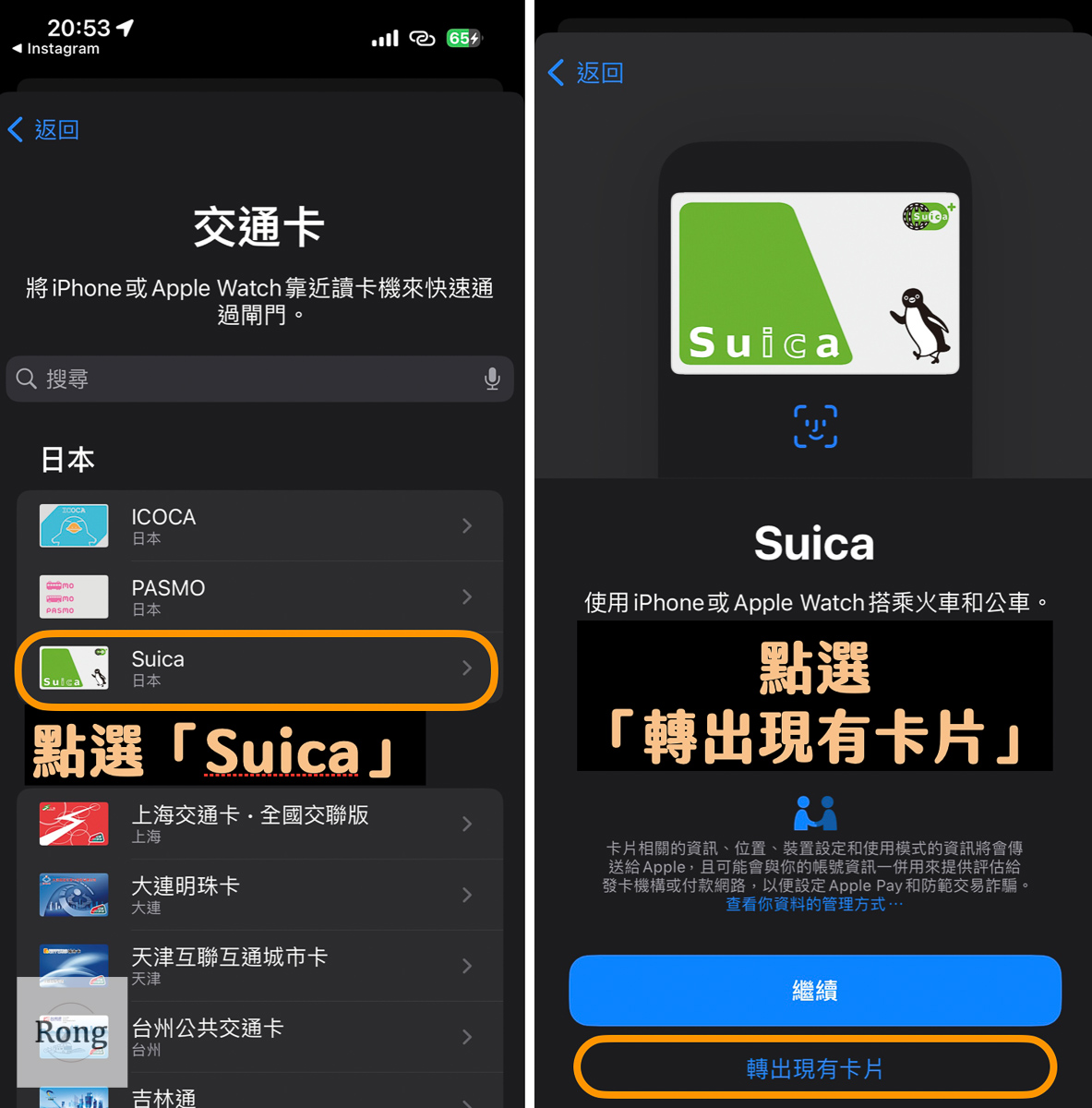實體 Suica 卡轉移 iPhone 圖解：選擇日本的「Suica」交通卡後，選擇「轉出現有卡片」